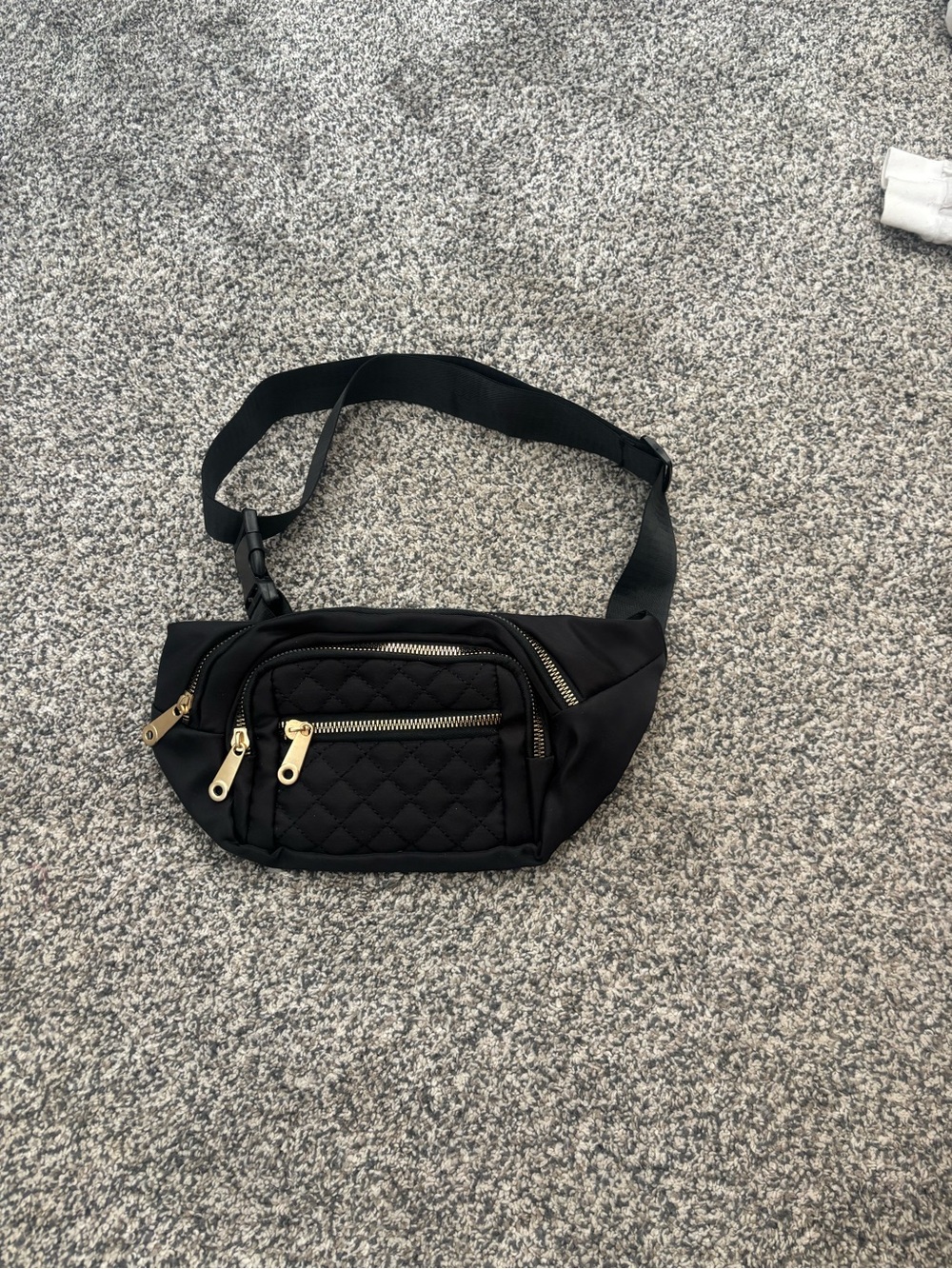 Black Quilted Crossbody Belt Bag with Gold Hardware
